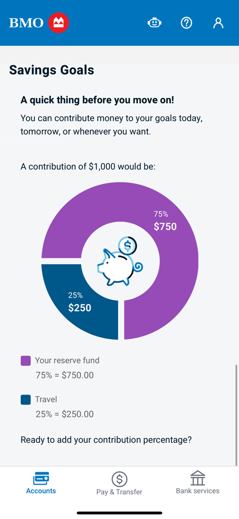 BMO Canada - BMO Canada mobile app Savings Goals screen featuring a donut chart for fund allocation between reserve fund and travel