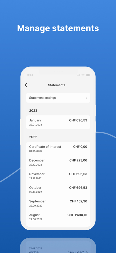 Mobile interface of the Swisscard app displaying monthly credit card statements and transaction amounts in CHF.