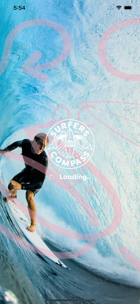 SurfersCompass app splash screen showing a surfer inside a wave barrel