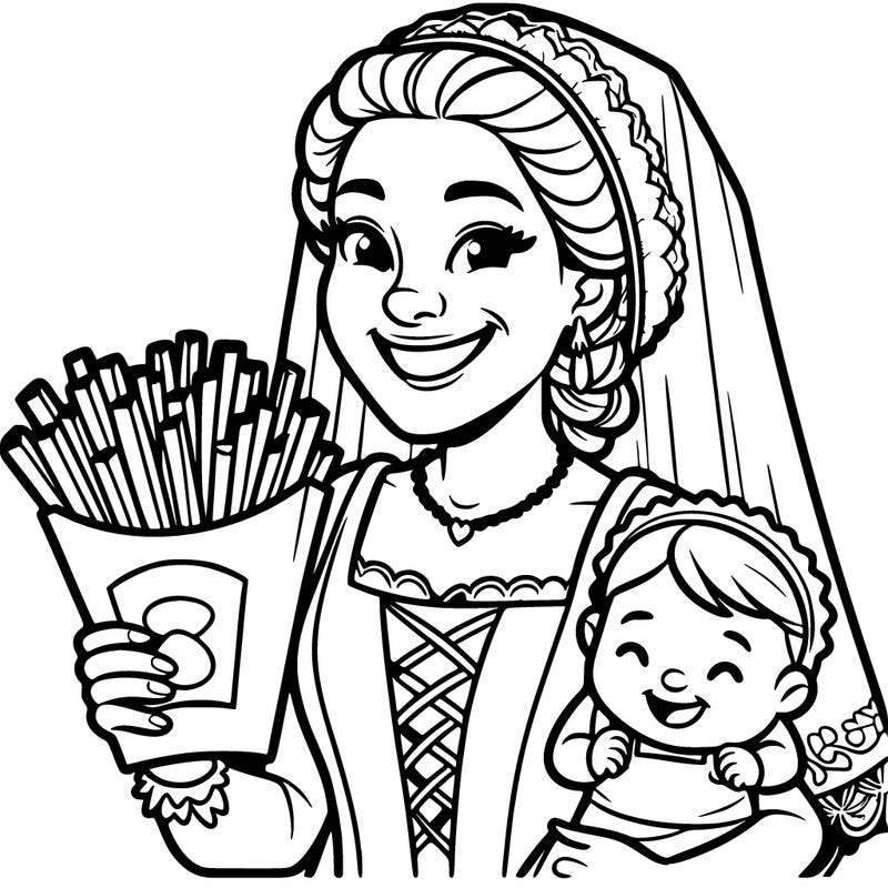 dutch woman with fries in her hand smiling bride with her child