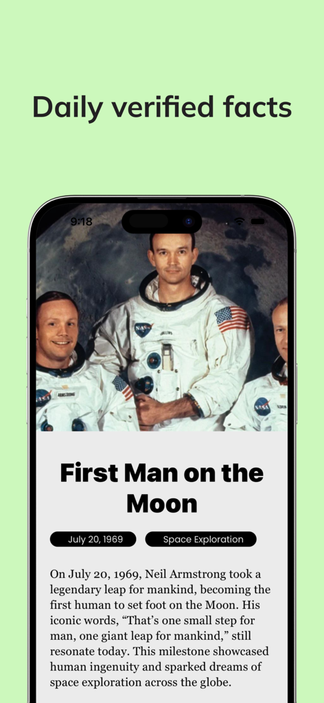Mindsnap: Daily Micro Learning - A mobile screen from the Mindsnap app displaying a daily verified fact about the first man on the moon with a historical photo of astronauts