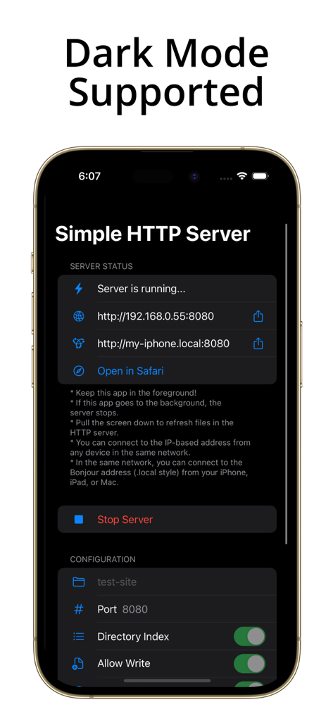 Simple Server: HTTP Server - Interface de l'application Simple Server sur iPhone avec le mode sombre activé