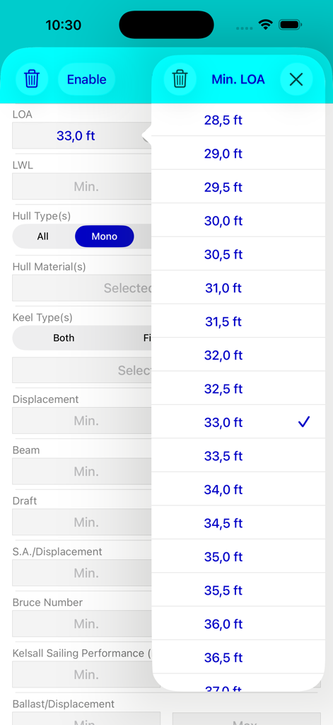 A screenshot of the SailboatData app displaying refined search filters for sailboat specifications including length over all.