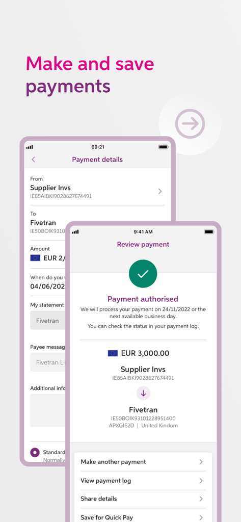 AIB Business app interface showing payment details and a successful authorization message for a business transfer.