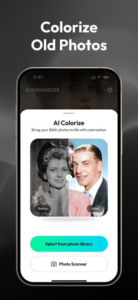 Interfaz de la aplicación Refino que muestra la función de colorización con IA con una comparación antes y después de una foto antigua en blanco y negro