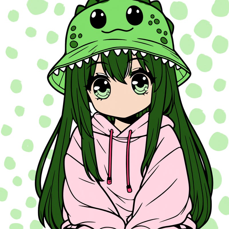 girl with anime shaped eyes with a dinosaur bucket hat oversized sweatshirt long straight hair