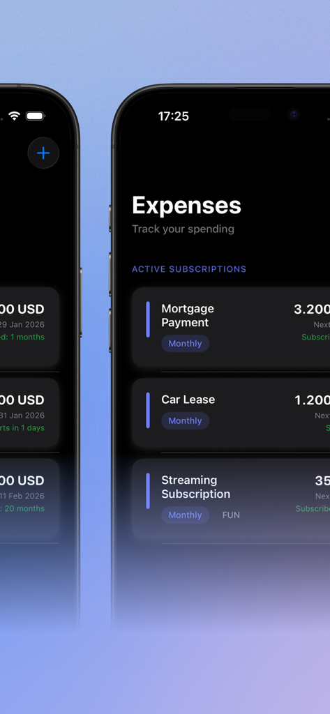 Ypsilon - Screenshot of the Ypsilon app displaying a list of active subscriptions and monthly expenses like mortgage, car lease, and streaming services in a dark-themed interface.
