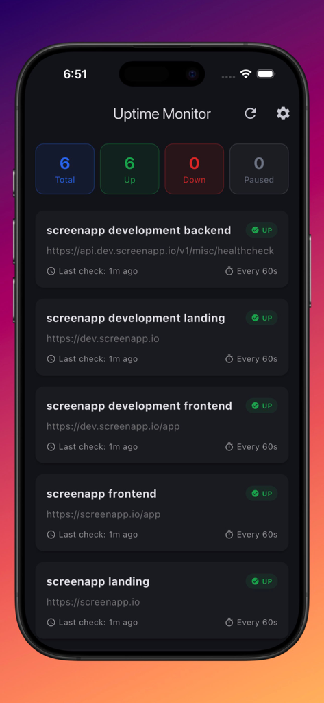 Uptime Monitor: Instant Alerts - A mobile dashboard showing the status and monitoring logs of various web services and backends.
