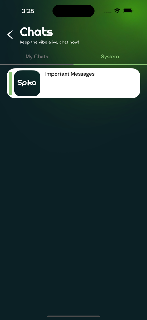 The chats screen of the Spiko app showing the system messages tab and a notification card.