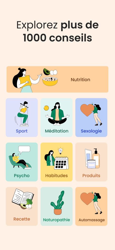 A grid of health and wellness categories in the Omena app including nutrition sport and meditation