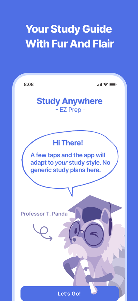 Onboarding screen of the Esthetician and Cosmetology 2026 app featuring a cartoon raccoon character named Professor T Panda.