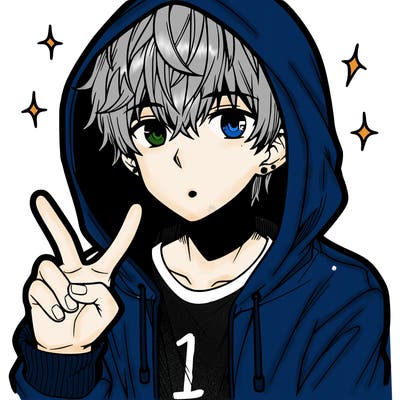 teenage manga boy in a hoodie, doing ✌