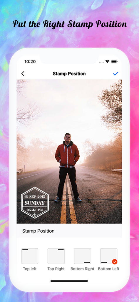 Moment Stamp app interface showing options to position a date and time stamp on a photo