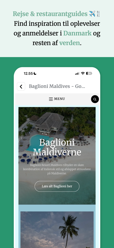Secção de guias de viagem e restaurantes da aplicação Gourministeriet com um resort de luxo nas Maldivas