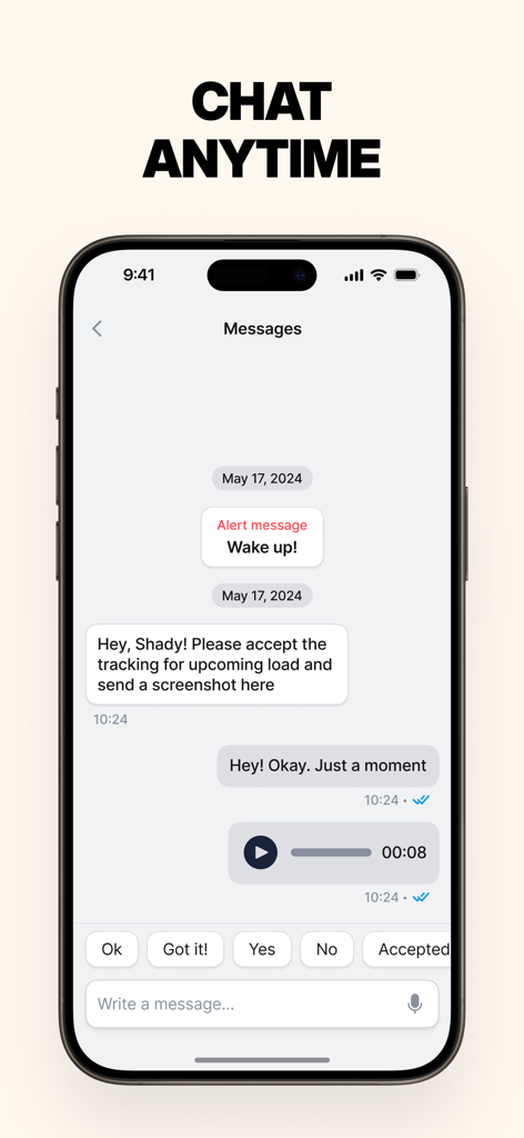 Oberfläche der ELD Hub App, die die Echtzeit-Chatfunktion zwischen einem LKW-Fahrer und einem Disponenten mit Optionen für schnelle Antworten zeigt.