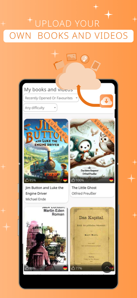 AnyLang app interface showing the feature to upload personal books and videos for language learning