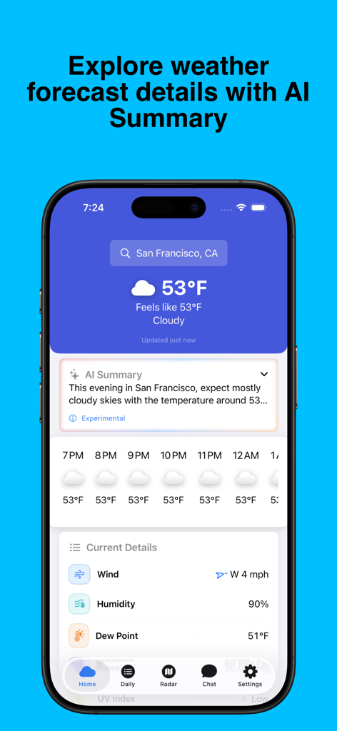 WeatherAI - Forecast & Radar - Pantalla de la aplicación WeatherAI que muestra un pronóstico meteorológico local y un resumen generado por IA para San Francisco