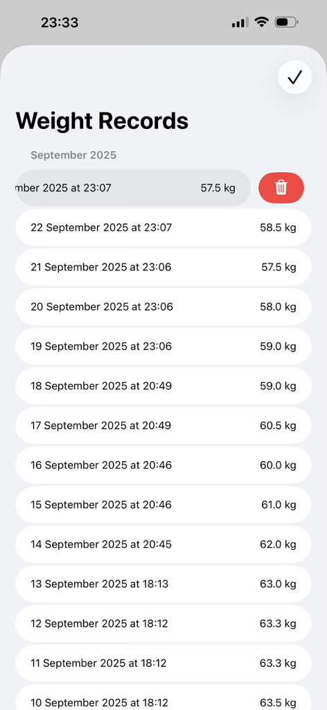 A list of daily weight records and measurements in the EasyWeight app showing progress over time.