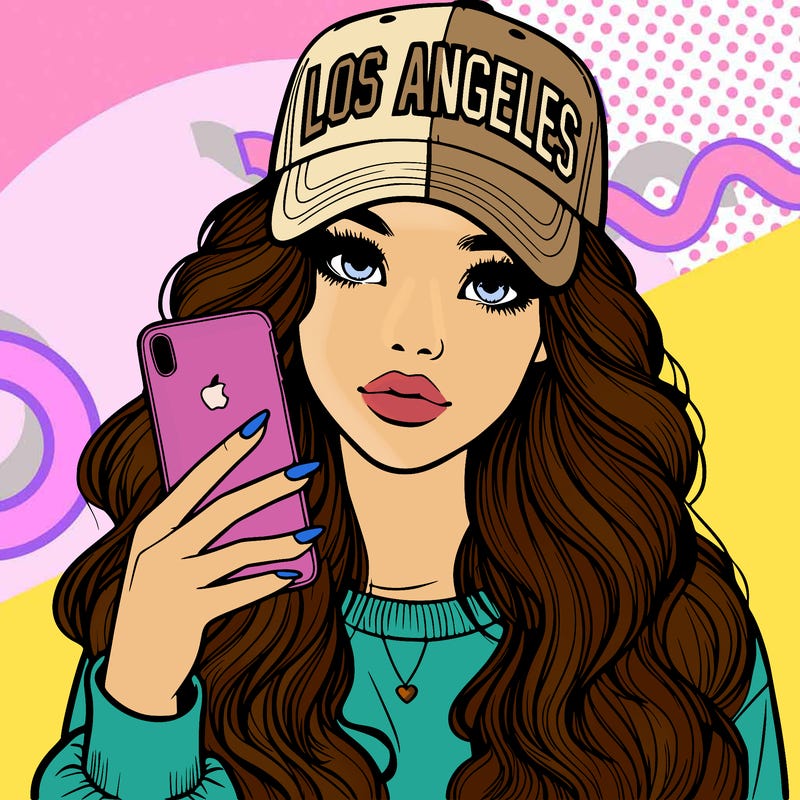 realistic beautiful girl wearing los ángeles cap holding an iphone