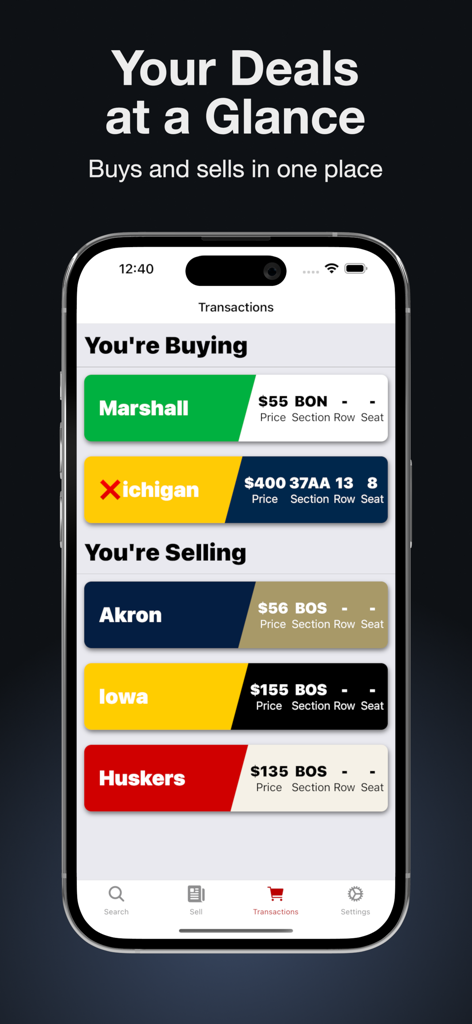 Screenshot der TicketBay-Transaktionsanzeige mit einer Liste von gekauften und verkauften Tickets für verschiedene College-Football-Spiele.