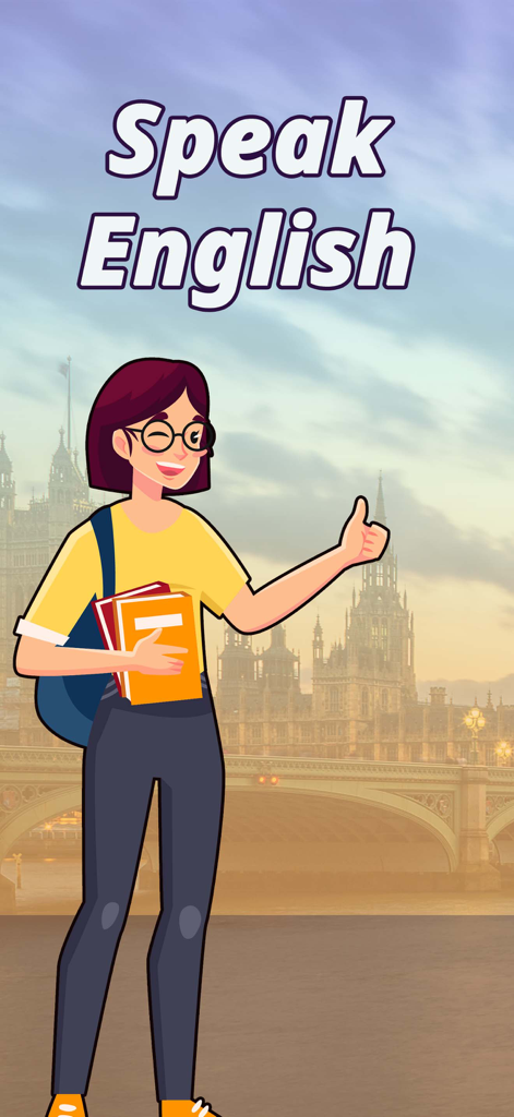 Speak English: Prepositions - A cartoon illustration of a smiling student with books and a backpack giving a thumbs up in front of London landmarks
