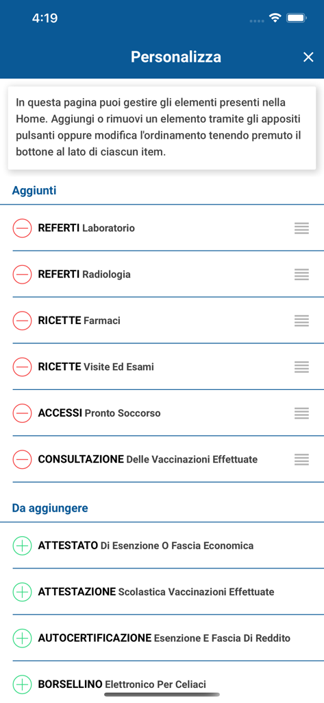 Interface of the Toscana Salute app showing customization options for health services and records