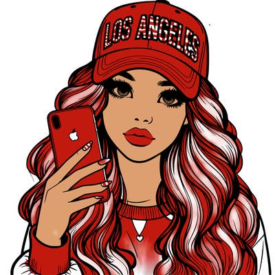 realistic beautiful girl wearing los ángeles cap holding an iphone