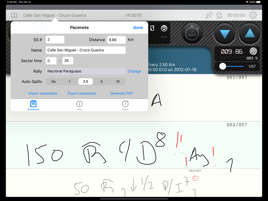 iNotebook pro by iCodriver - A digital interface showing rally pace note settings and handwritten navigation notes for motorsport co-drivers