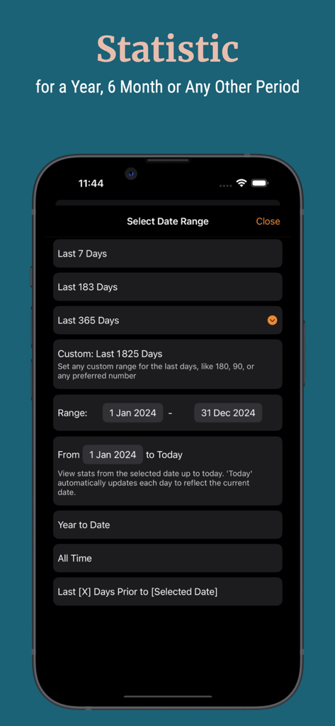 Country Days Tracker - Interface de l'application mobile montrant la sélection de la plage de dates pour les statistiques de voyage et le suivi de la résidence fiscale.