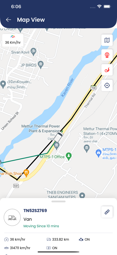 GPSVTS Pro - Echtzeit-Fahrzeugverfolgung auf einer Karte, die Geschwindigkeit und Motorstatus in der GPSVTS Pro-App anzeigt