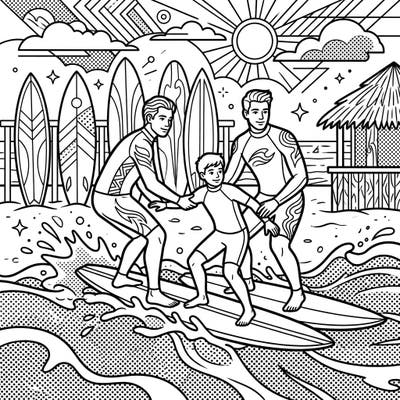 Experience the thrill of the ocean with this dynamic Pop Art coloring page featuring experienced surf instructors. This bold illustration captures the excitement of learning to surf with vibrant energy.
