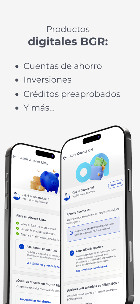 BGR Digital - Pantalla promocional de la aplicación BGR Digital que muestra cuentas de ahorro y opciones de inversión