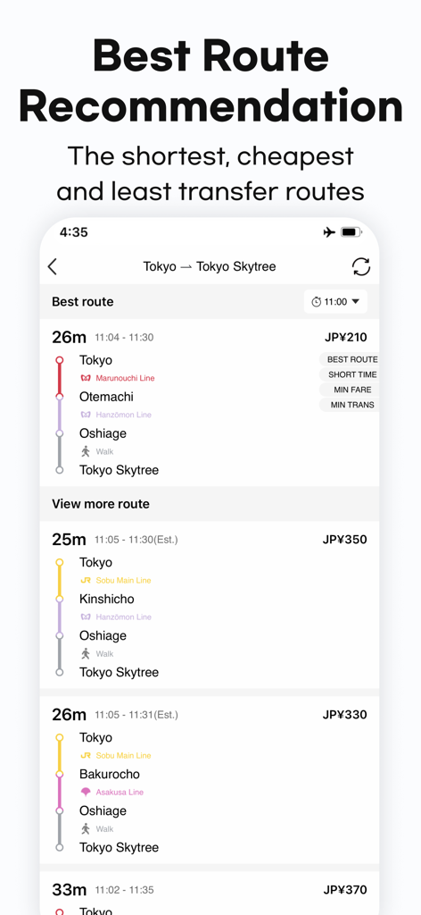 Tela do aplicativo NUUA METRO mostrando recomendações de rota de metrô em Tóquio