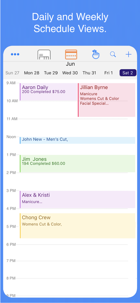 Daily and weekly calendar view of salon appointments