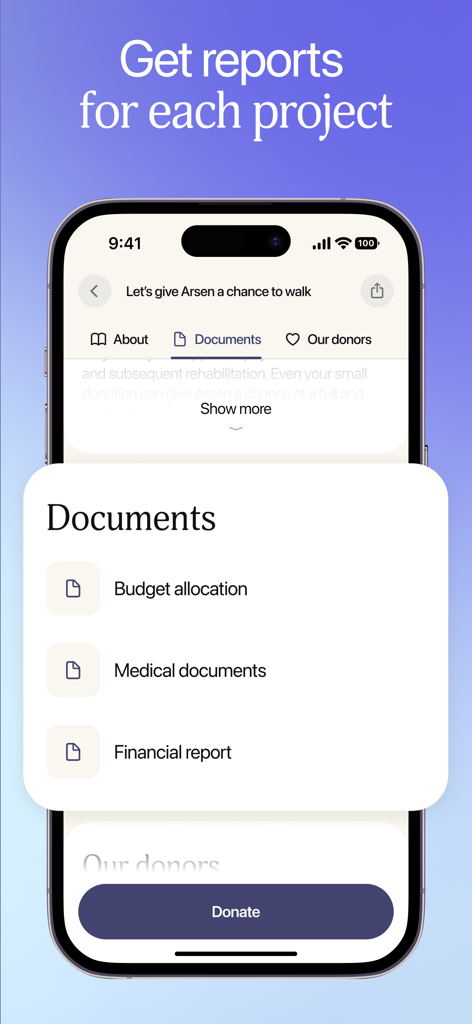 IMAST: Charity Donate - IMAST app interface displaying transparency reports and documents for a charity project