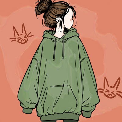 realistic girl with a oversized sweatshirt on and a bun