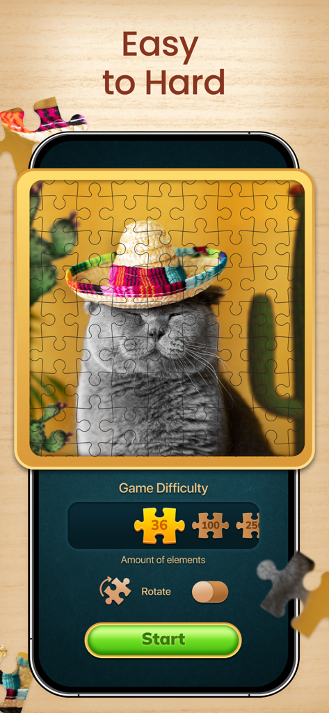 Jigsaw Puzzle HD - Brain Games - Interface de aplicativo móvel mostrando a seleção de dificuldade de quebra-cabeça para uma imagem de gato usando um sombrero.