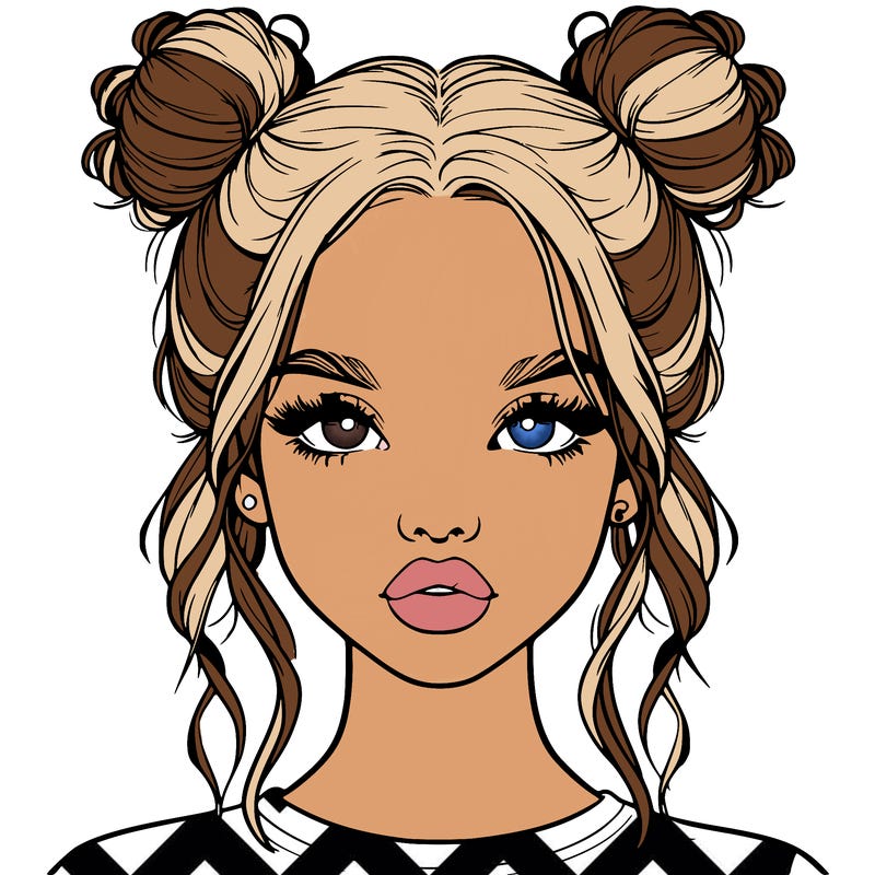 realistic girl with two buns in hair and lips