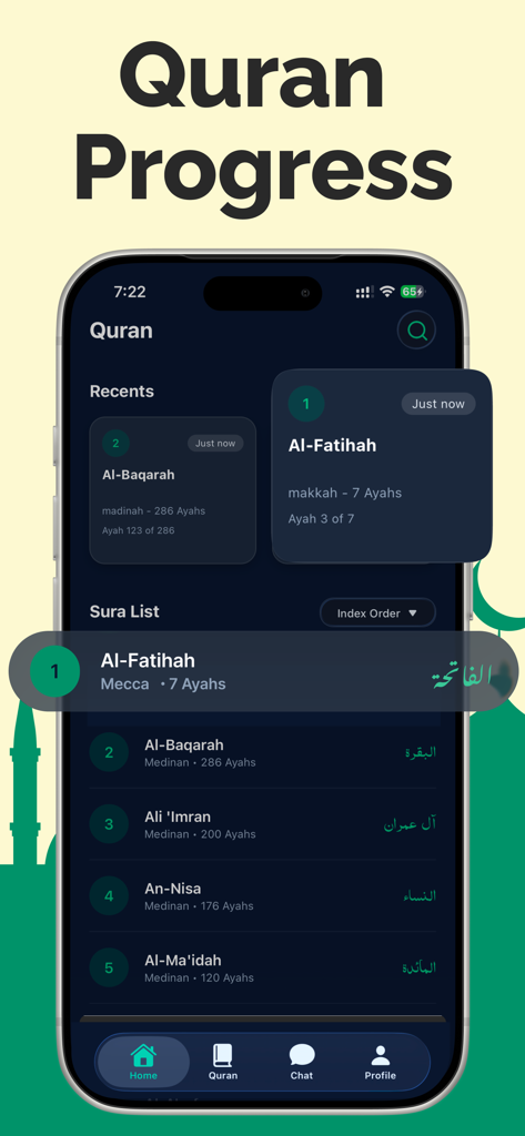 Deen AI app Quran progress and surah list interface
