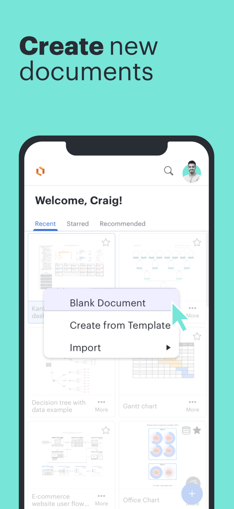 Dashboard dell'app mobile Lucidchart con opzioni per creare un nuovo documento vuoto o utilizzare un modello