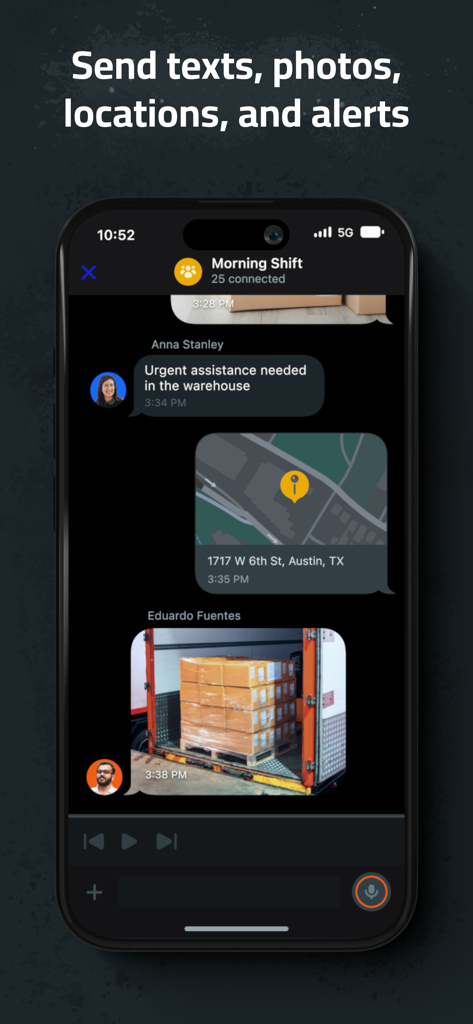 Zello app interface showing text photos and location sharing in a group chat