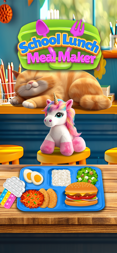 School Lunch Food Meal Maker - Uma tela de jogo colorida para School Lunch Meal Maker com uma bandeja de almoço com um hambúrguer, salada e ovos, um unicórnio de pelúcia e um brinquedo fidget pop-it arco-íris.