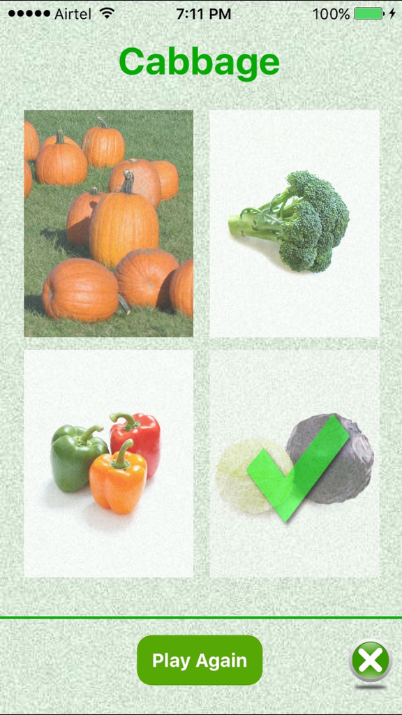 플래시카드 영어 학습 앱의 유아 교육 게임 화면으로, 다양한 채소 중에서 양배추 단어에 대한 어휘 퀴즈를 보여줍니다.