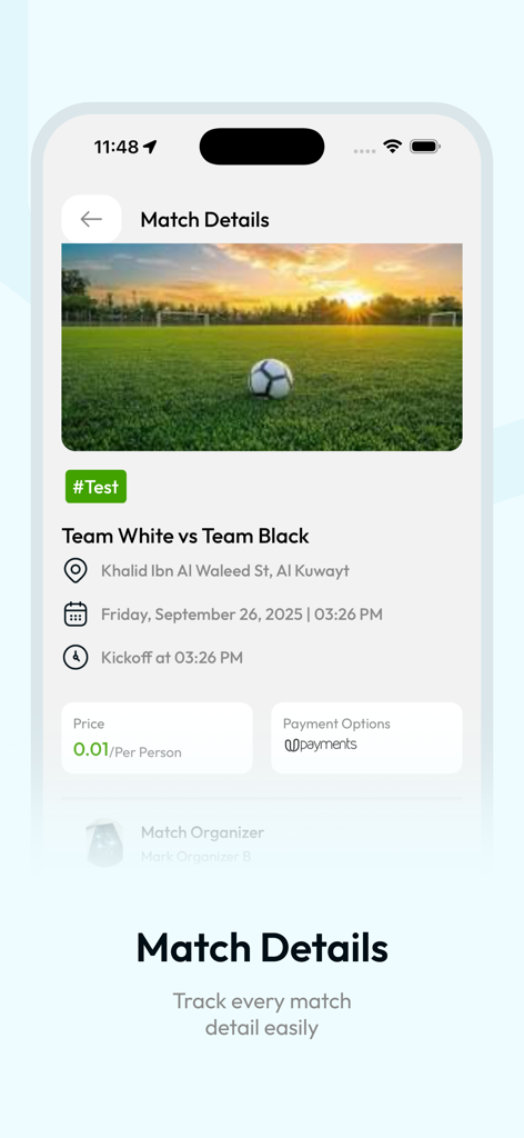 Kickoff-football - チーム名、場所、日付、時刻、価格を含む試合の詳細を表示するKickoffアプリのスクリーンショット。