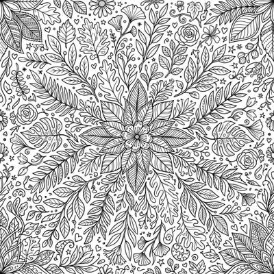 This detailed coloring page features an exquisite array of leaf line art patterns, creating a captivating botanical landscape. Perfect for adults, it offers a serene escape into the world of nature and mindful coloring.