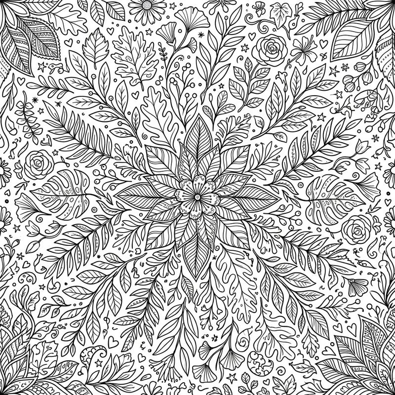 This detailed coloring page features an exquisite array of leaf line art patterns, creating a captivating botanical landscape. Perfect for adults, it offers a serene escape into the world of nature and mindful coloring.