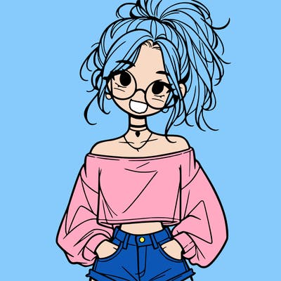 girl with a messy ponytail glasses a baggy crop top and jean shorts