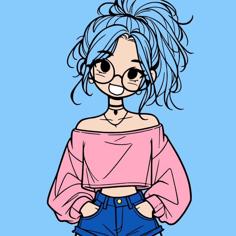 girl with a messy ponytail glasses a baggy crop top and jean shorts