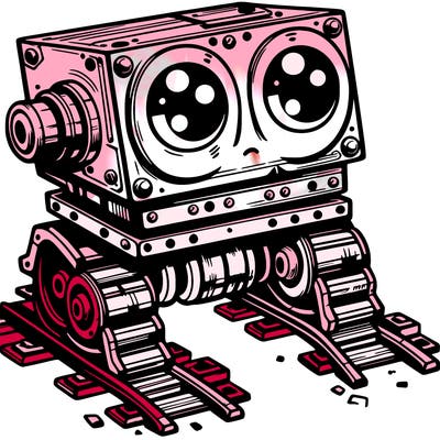 a scrap metal robot that has sort of rails as feet to move around, with big eyes, cute
