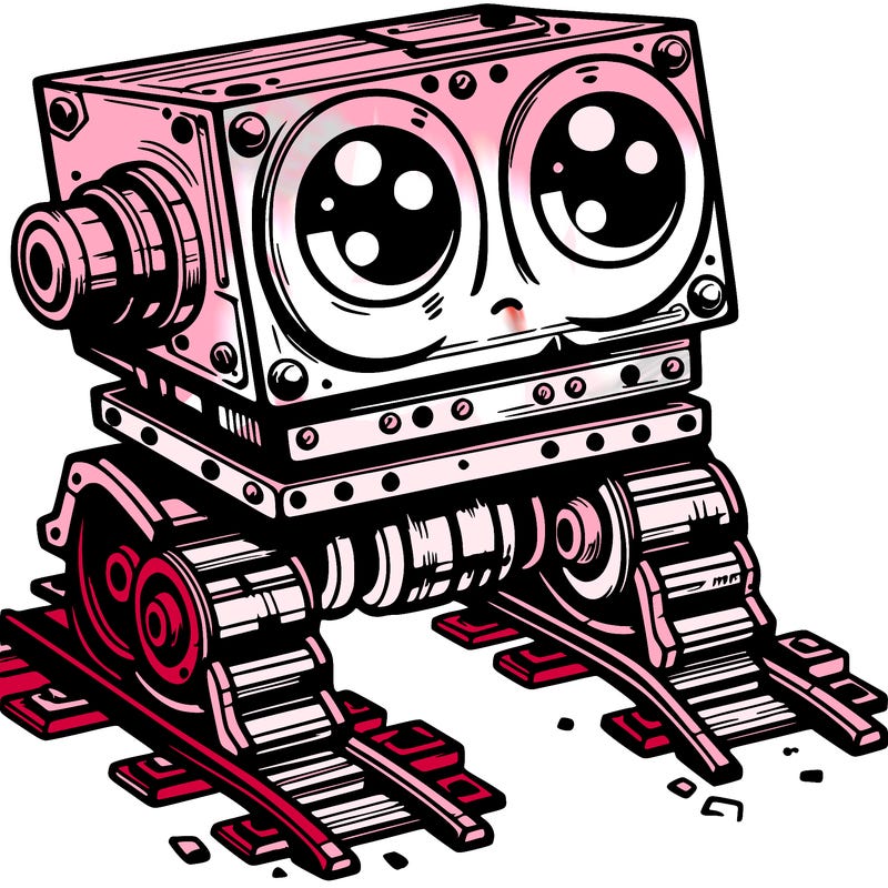 a scrap metal robot that has sort of rails as feet to move around, with big eyes, cute
